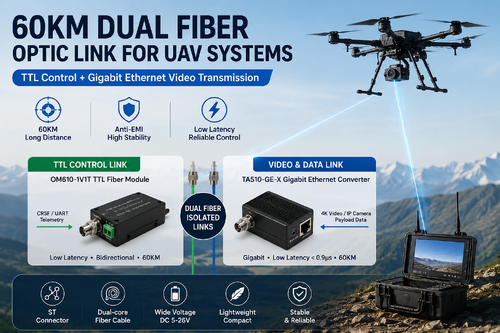 trường hợp công ty mới nhất về Liên kết sợi quang kép 60KM cho hệ thống UAV: ​​Điều khiển TTL + Truyền video Gigabit Ethernet