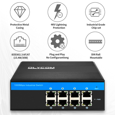 Gigabit Industrial Unmanaged PoE Media Converter 8 cổng 120W 240W DC48V đầu ra