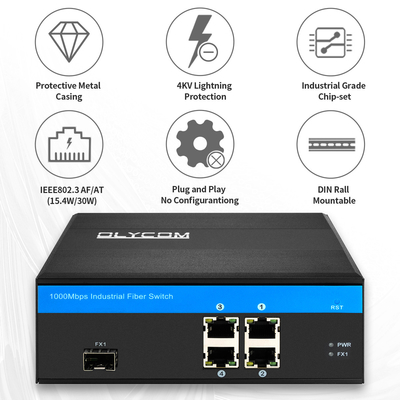 Gigabit 5 cổng Ethernet POE Fiber Switch 120W Khung SFP công nghiệp không quản lý ngân sách