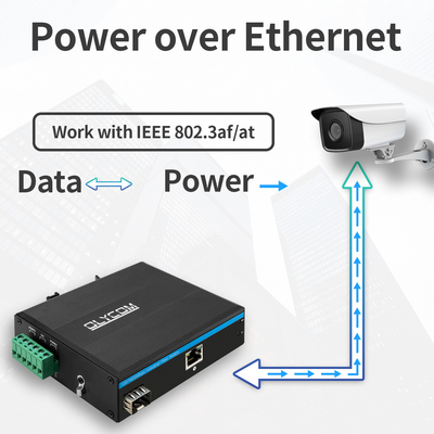 DC48V POE Công nghiệp chuyển đổi phương tiện truyền thông 100/1000M Tự động cảm biến 2 cổng PSE 15.4W 30W
