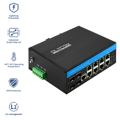 12 cổng quản lý DC48v Industrial Poe Switch Din Rail Gigabit Ethernet Fiber Switch