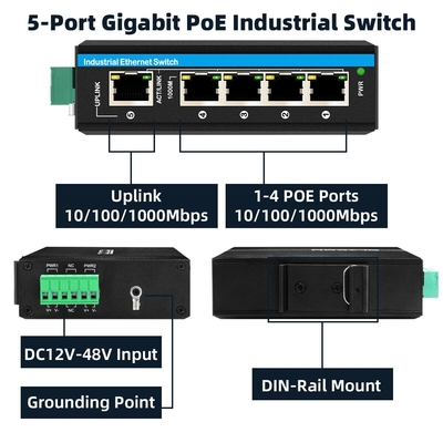 5 cổng gia tăng điện áp gigabit 12-48VDC đầu vào công nghiệp POE mạng chuyển đổi