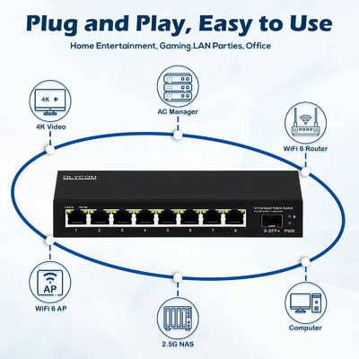 9 cổng không quản lý 2.5G Ethernet Switch với 10G Uplink SFP cổng 60Gbps Backplane Bandwidth