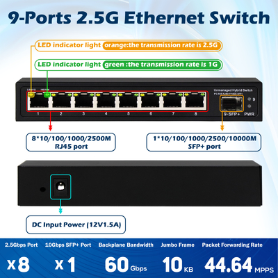 9 cổng không quản lý 2.5G Ethernet Switch với 10G Uplink SFP cổng 60Gbps Backplane Bandwidth