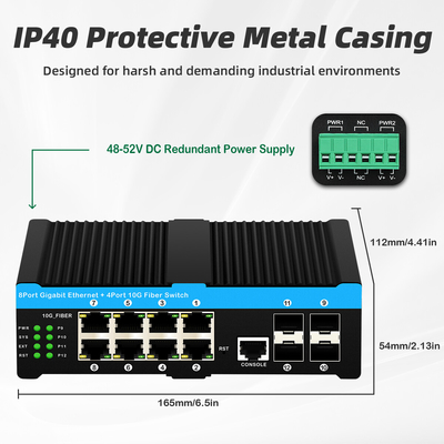 12 cổng 10G L2/L3 Quản lý Poe+ Switch 4*10G Sfp Cổng DC48V Điện vào kép 10g Poe Switch