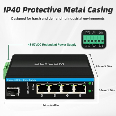 5 cổng Industrial Poe Network Switch DC12/24/48V Input 1SFP+4RJ45 Gigabit Ethernet Switch