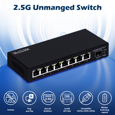 Chuyển đổi Ethernet 10G Chuyển đổi mạng không quản lý 8 * 2.5G RJ45 + 1 * 10G Cổng SFP