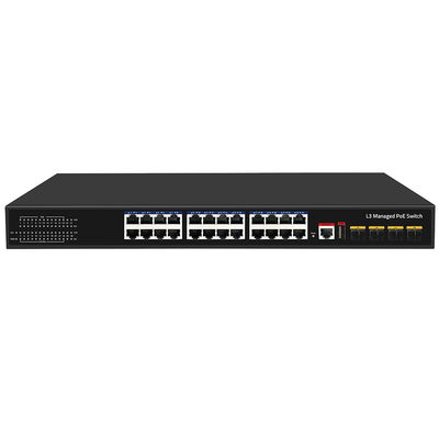 24 cổng PoE Switch 10G Fiber300W Budget USB Console L3 quản lý đầu vào AC