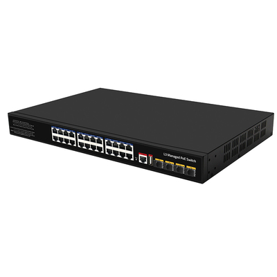 24 cổng PoE Switch 10G Fiber300W Budget USB Console L3 quản lý đầu vào AC
