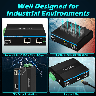 Chuyển đổi sợi quang Gigabit Din Network Switch DC12-52V Điện vào kép