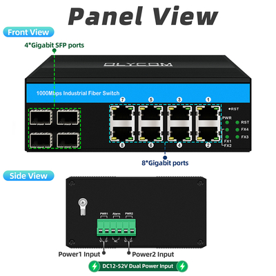 12 cổng Industrial Ethernet Switch Din Network Switch 4SFP + 8RJ45 DC12-52V Cung cấp điện kép