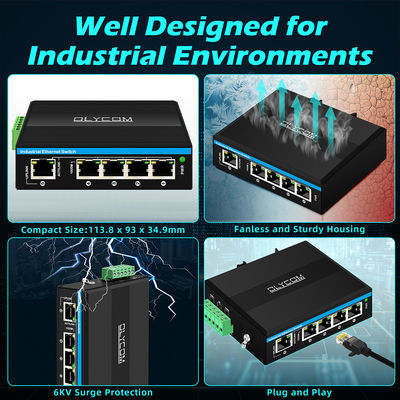 5 cổng E-Mark được chứng nhận công nghiệp Ethernet Switch với 6KV Surge Protection và tốc độ mạng Gigabit