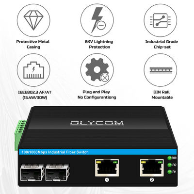 Chuyển POE công nghiệp với 2 cổng SFP + 2 cổng RJ45 bảo vệ sóng 6KV và đầu vào điện DC48V để sử dụng ngoài trời