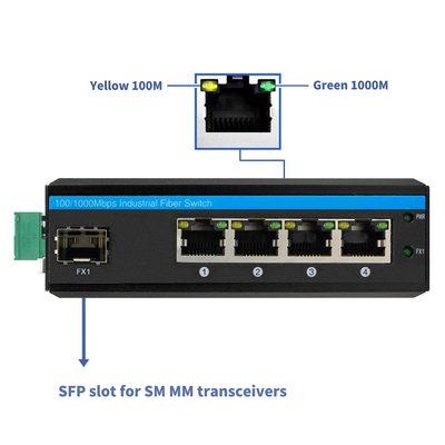 Mini 5 cổng Gigabit Industrial Fiber Switch SFP Uplink không quản lý Din Rail loại DC12V