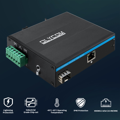Bộ chuyển đổi phương tiện truyền thông cáp quang Ethernet công nghiệp 2 cổng 30W Gigabit DC48V Din Rail Mounting